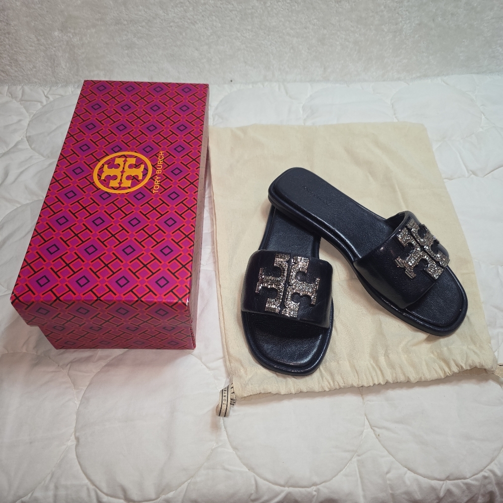 Tory Burch Black Leather Slide Sandals Crystal Logo Womens Size 8